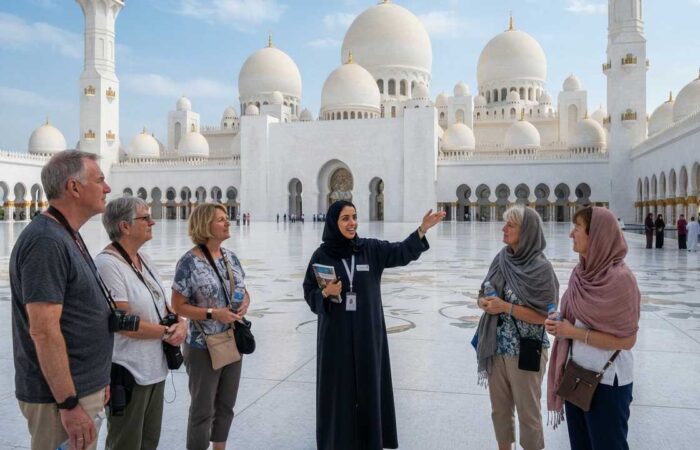 A Female Tour Guide explaining history to tourists at sheikh zayed grand mosque