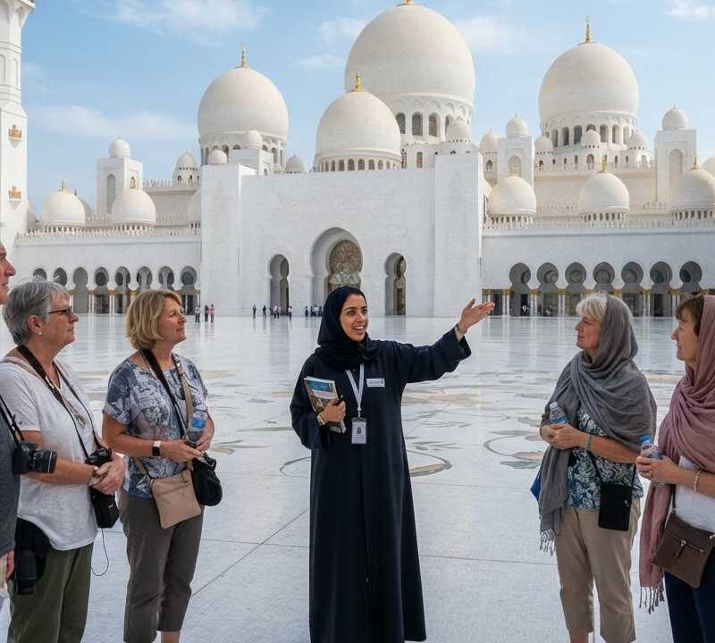 A Female Tour Guide explaining history to tourists at sheikh zayed grand mosque