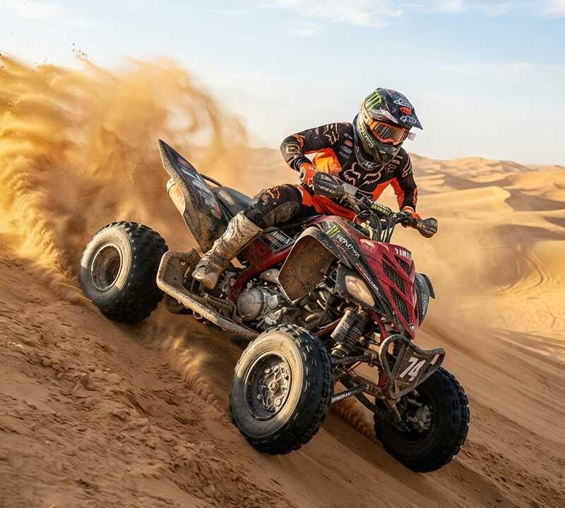 Agressive quad biking on sand dune