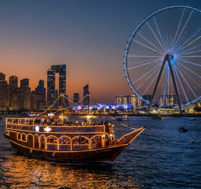 Dhow Cruise Dubai Marina cruising along Ain Dubai and JBR 1