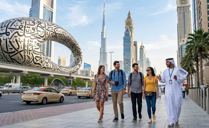 Tour guide walking with tourists explaining museum of the future sheikh zayed road burj khalifa