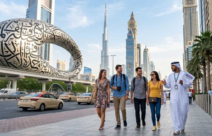 Tour guide walking with tourists explaining museum of the future sheikh zayed road burj khalifa