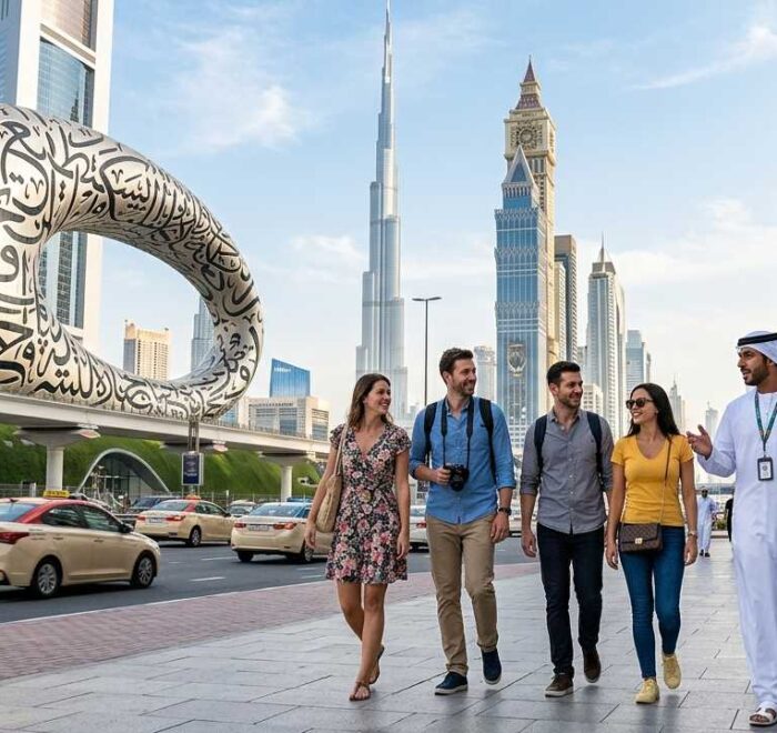 Tour guide walking with tourists explaining museum of the future sheikh zayed road burj khalifa