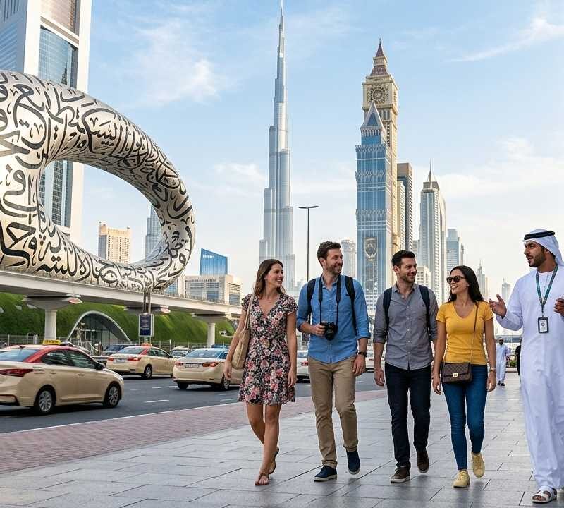 Tour guide walking with tourists explaining museum of the future sheikh zayed road burj khalifa
