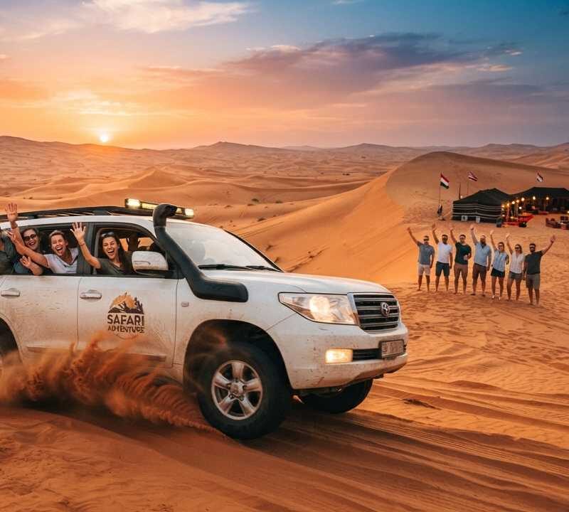 red dune dubai desert safari lahbab people waving at desert camp